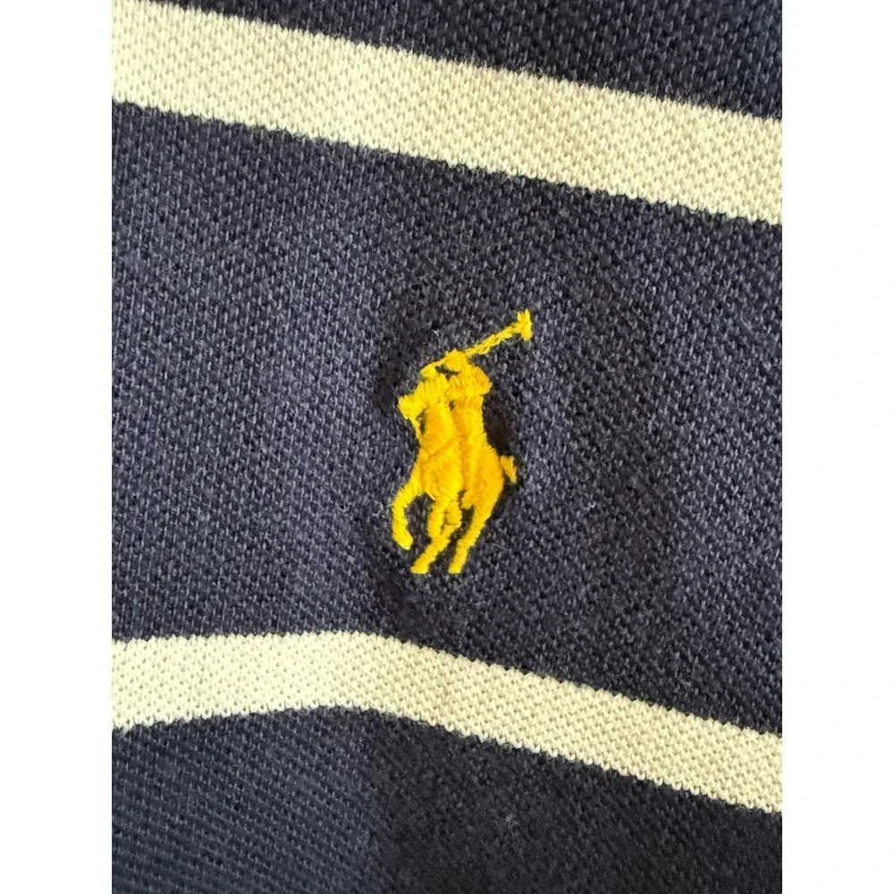 Polo Ralph Lauren Mens Large Navy White Striped Short Sleeve Pique Polo Shirt